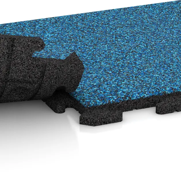 Großaufnahme vom Verbindungssystem von WARCO-Boden 1230 - Pavimentazione Fitness Piastrelle in Gomma Classic im Farbdesign Atlantico. Abmessungen 500 x 500 x 30 mm.