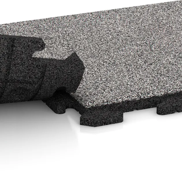 Großaufnahme vom Verbindungssystem von WARCO-Boden 5788 - Pavimento per eventi im Farbdesign Grigio melange. Abmessungen 500 x 500 x 30 mm.