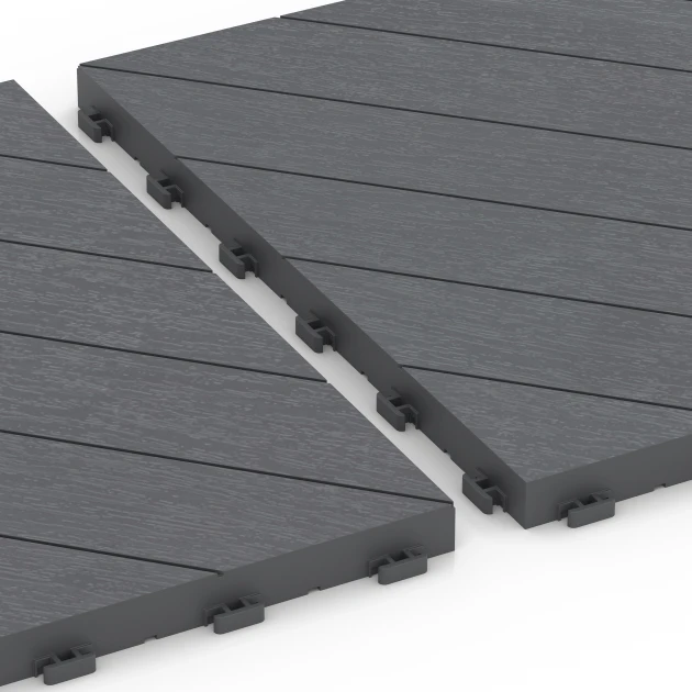 Großaufnahme vom Verbindungssystem von WARCO-Boden 6326 - Fischgrät – Klickfliese im Farbdesign Silbergrau. Abmessungen 38,5 x 38,5 x 2 cm.