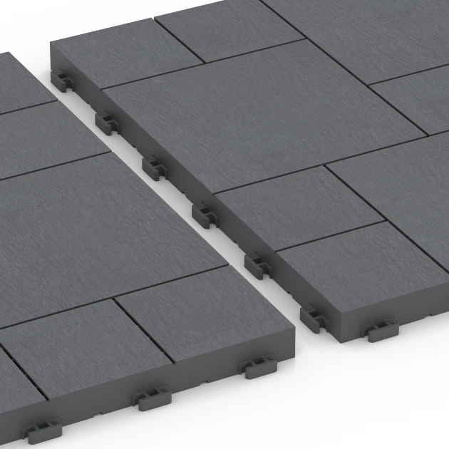 Le gros plan sur le système de connexion des revêtements de sol WARCO 6330 - Motif bloc – Dalle clipsable en couleur Gris argent. Les dimensions 38,5 x 38,5 x 2 cm.