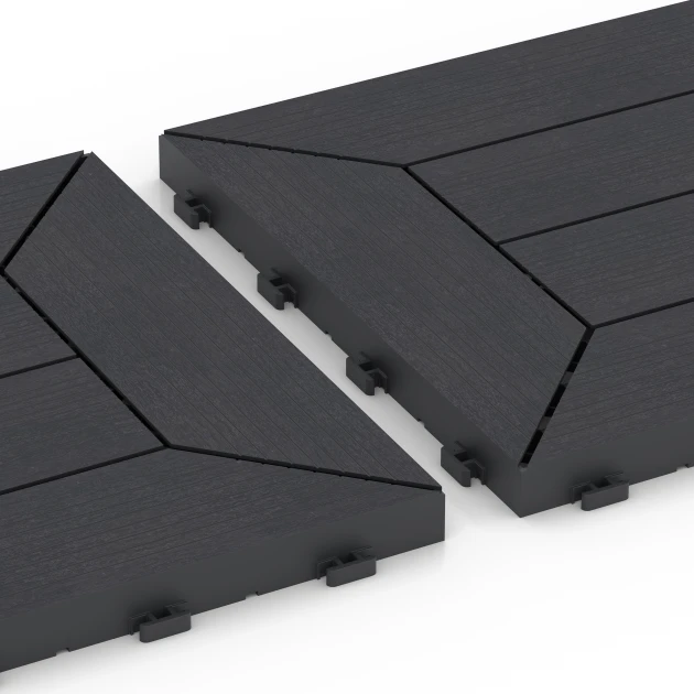 Großaufnahme vom Verbindungssystem von WARCO-Boden 6346 - Kassettenmuster – Klickfliese im Farbdesign Schiefer. Abmessungen 30 x 30 x 2 cm.