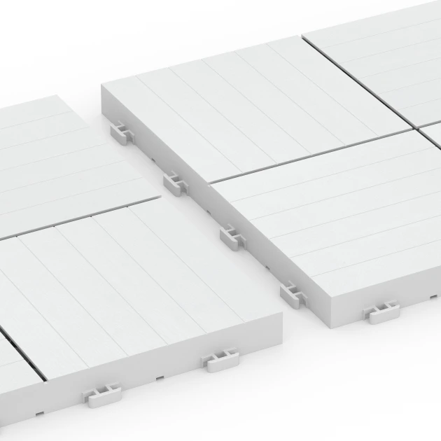 Großaufnahme vom Verbindungssystem von WARCO-Boden 6353 - Mosaico – Piastrella a incastro im Farbdesign Gesso. Abmessungen 30 x 30 x 2 cm.