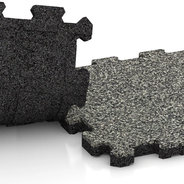 Großaufnahme vom Verbindungssystem von WARCO-Boden 3721 - Fitnessmatte Premium 2 cm im Farbdesign Grauer Granit. Abmessungen 30,6 x 30,6 x 2 cm | 0,094 m².