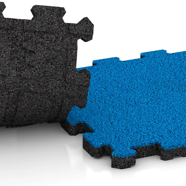 Le gros plan sur le système de connexion des revêtements de sol WARCO 4259 - Tapis de Fitness Premium 2 cm en couleur Bleu ciel. Les dimensions 306 x 306 x 20 mm.