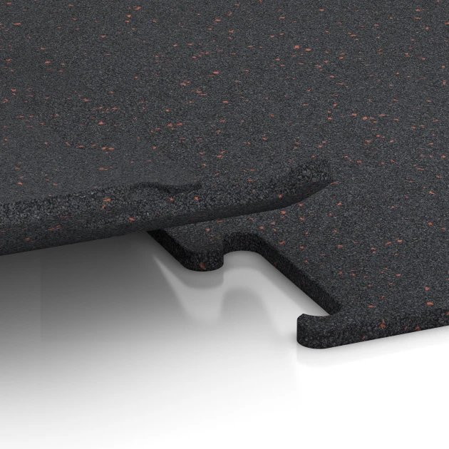 Großaufnahme vom Verbindungssystem von WARCO-Boden 3757 - Pavimentazione Fitness Performance Elite im Farbdesign Rosso leggermente punteggiato. Abmessungen 100 x 100 x 1,5 cm | 1,00 m².