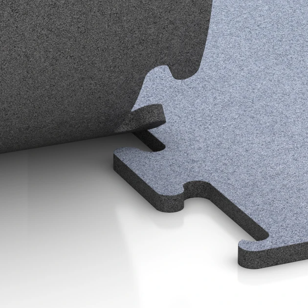 Großaufnahme vom Verbindungssystem von WARCO-Boden 6150 - Fitness Performance Elite Pavimento Sportivo im Farbdesign Grigio nebbia. Abmessungen 100 x 100 x 2 cm | 1,00 m².