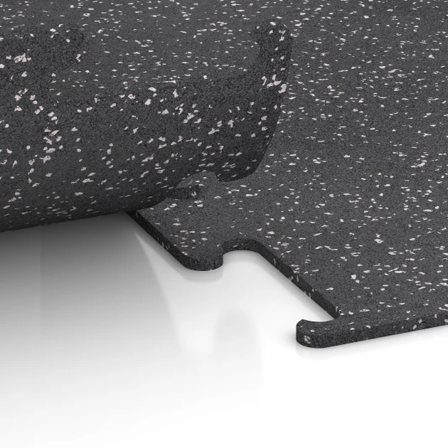 Großaufnahme vom Verbindungssystem von WARCO-Boden 3779 - Fitness Performance Elite Pavimento Sportivo im Farbdesign Grigio leggermente punteggiato. Abmessungen 50 x 50 x 1 cm | 0,25 m².