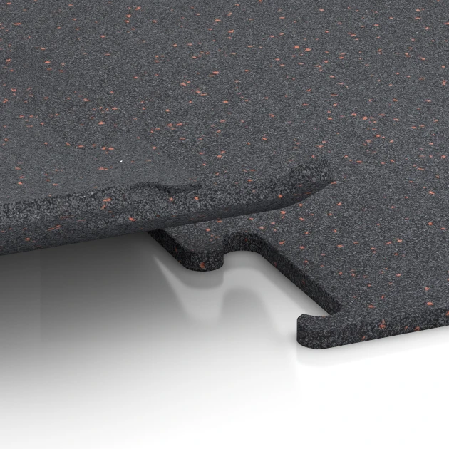 Großaufnahme vom Verbindungssystem von WARCO-Boden 3769 - Fitness Performance Elite Trainingsboden im Farbdesign Leicht Rot Gesprenkelt. Abmessungen 50 x 50 x 1,5 cm | 0,25 m².