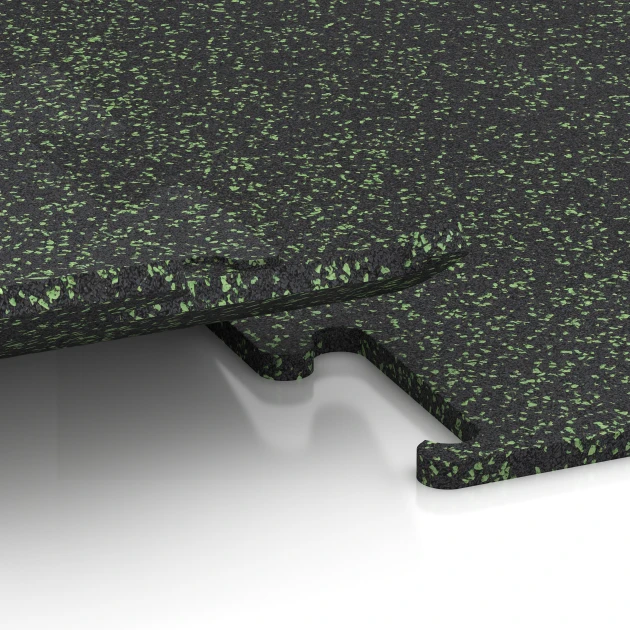 Großaufnahme vom Verbindungssystem von WARCO-Boden 3771 - Fitness Performance Elite Pavimento Sportivo im Farbdesign Verde leggermente punteggiato. Abmessungen 50 x 50 x 1,5 cm | 0,25 m².