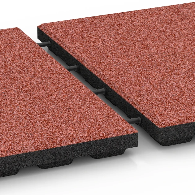 Großaufnahme vom Verbindungssystem von WARCO-Boden 6284 - Fallschutzplatten im Farbdesign Tomatenrot. Abmessungen 50 x 50 x 4 cm.