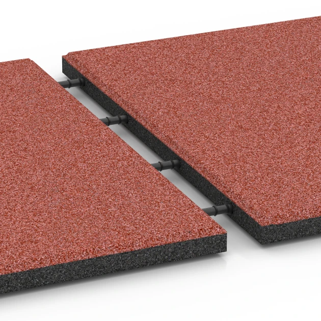 Großaufnahme vom Verbindungssystem von WARCO-Boden 6288 - Piastrelle antitrauma im Farbdesign Rosso pomodoro. Abmessungen 50 x 50 x 3 cm.