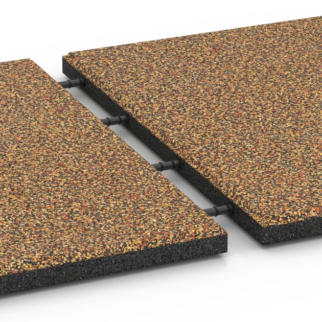 Großaufnahme vom Verbindungssystem von WARCO-Boden 6416 - Fallschutzplatte – 90 cm im Farbdesign Terra Cotta. Abmessungen 50 x 50 x 3 cm.