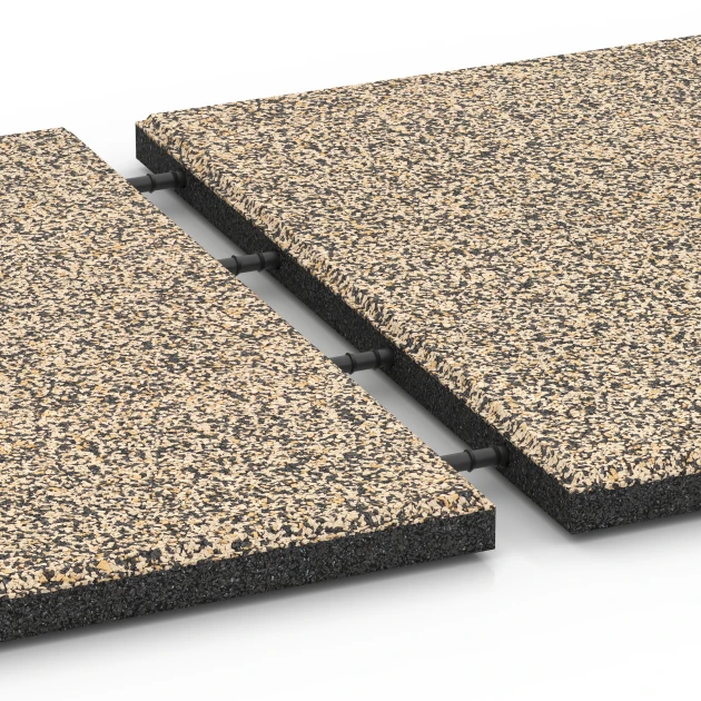 Großaufnahme vom Verbindungssystem von WARCO-Boden 6360 - Terrassenplatte Classic im Farbdesign Travertin. Abmessungen 50 x 50 x 3 cm.