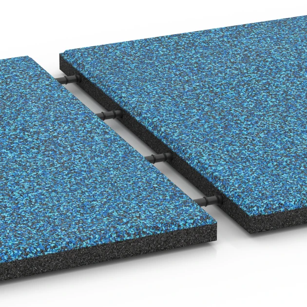 Großaufnahme vom Verbindungssystem von WARCO-Boden 6420 - Fallschutzplatte – 90 cm im Farbdesign Atlantik. Abmessungen 50 x 50 x 3 cm.
