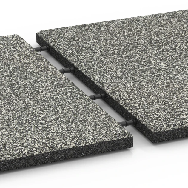 Großaufnahme vom Verbindungssystem von WARCO-Boden 6355 - Terrassenplatte Classic im Farbdesign Grauer Granit. Abmessungen 50 x 50 x 3 cm | 0,25 m².