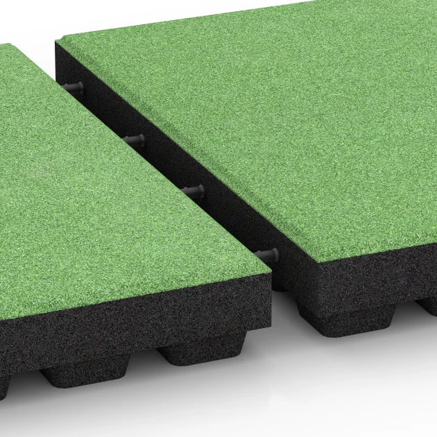 Großaufnahme vom Verbindungssystem von WARCO-Boden 6297 - Piastrelle antitrauma im Farbdesign Verde tiglio. Abmessungen 50 x 50 x 7 cm.