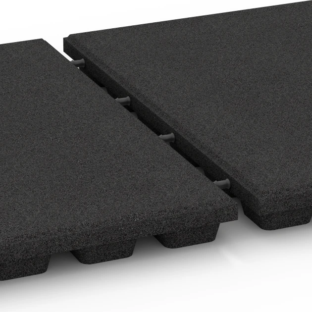 Großaufnahme vom Verbindungssystem von WARCO-Boden 6291 - Piastrelle antitrauma im Farbdesign Antracite. Abmessungen 50 x 50 x 4,8 cm.