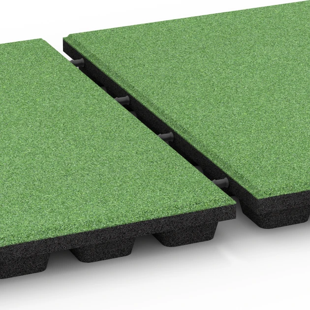 Großaufnahme vom Verbindungssystem von WARCO-Boden 6293 - Piastrelle antitrauma im Farbdesign Verde tiglio. Abmessungen 50 x 50 x 4,8 cm.