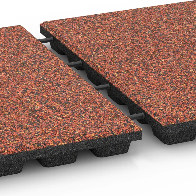 Großaufnahme vom Verbindungssystem von WARCO-Boden 6435 - Piastrella antitrauma – 160 cm im Farbdesign Etna. Abmessungen 50 x 50 x 4,8 cm.