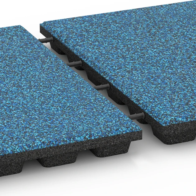 Großaufnahme vom Verbindungssystem von WARCO-Boden 6438 - Piastrella antitrauma – 160 cm im Farbdesign Atlantico. Abmessungen 50 x 50 x 4,8 cm.