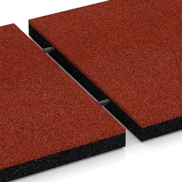 Großaufnahme vom Verbindungssystem von WARCO-Boden 6260 - Fallschutzplatte – 150 cm im Farbdesign Ziegelrot. Abmessungen 50 x 50 x 4,5 cm.