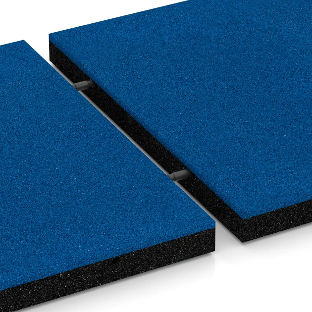 Großaufnahme vom Verbindungssystem von WARCO-Boden 6223 - Fallschutzplatten im Farbdesign Himmelblau. Abmessungen 50 x 50 x 4,5 cm.