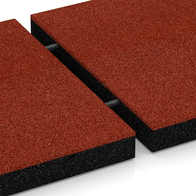 Großaufnahme vom Verbindungssystem von WARCO-Boden 6201 - Fallschutzplatten im Farbdesign Ziegelrot. Abmessungen 50 x 50 x 6 cm.