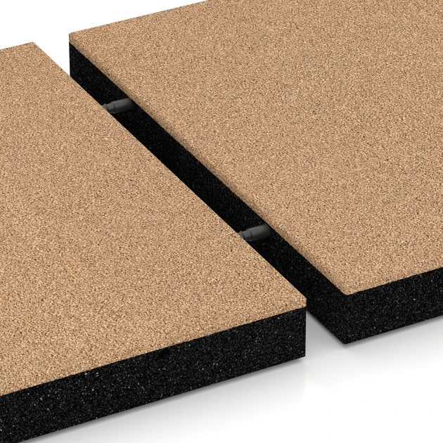 Großaufnahme vom Verbindungssystem von WARCO-Boden 6270 - Piastrella antitrauma – 180 cm im Farbdesign Beige sabbia. Abmessungen 50 x 50 x 6 cm.