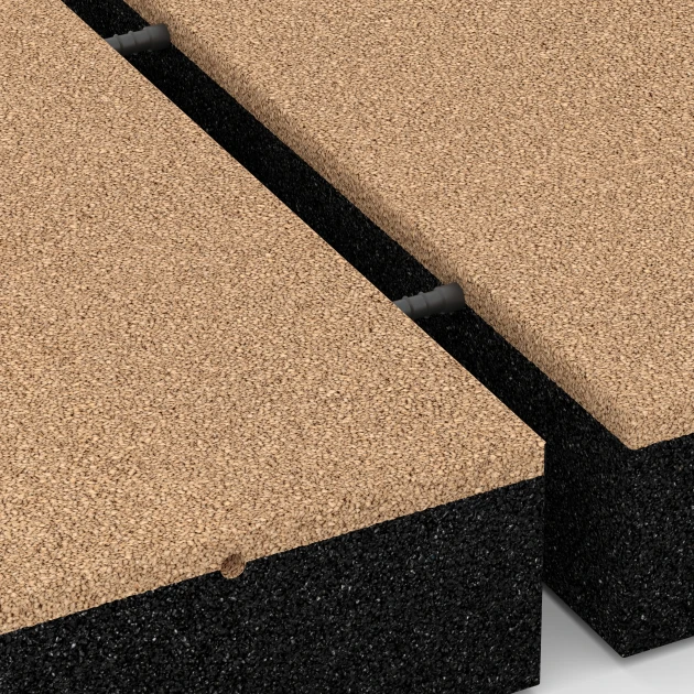 Großaufnahme vom Verbindungssystem von WARCO-Boden 6231 - Piastrelle antitrauma im Farbdesign Beige sabbia. Abmessungen 50 x 50 x 11 cm.