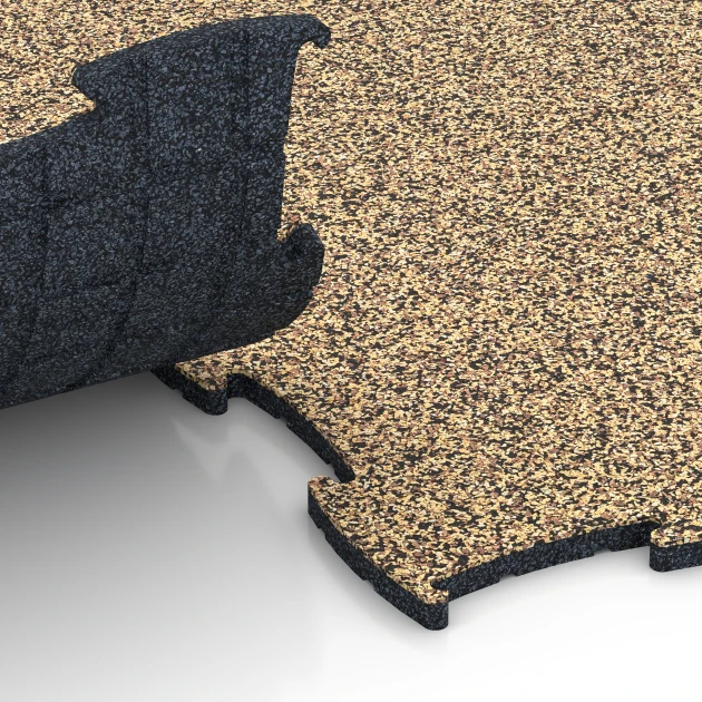 Großaufnahme vom Verbindungssystem von WARCO-Boden 6840 - Fitness Active Floor System im Farbdesign Rattan Lounge. Abmessungen 97,1 x 97,1 × 1,8 cm.