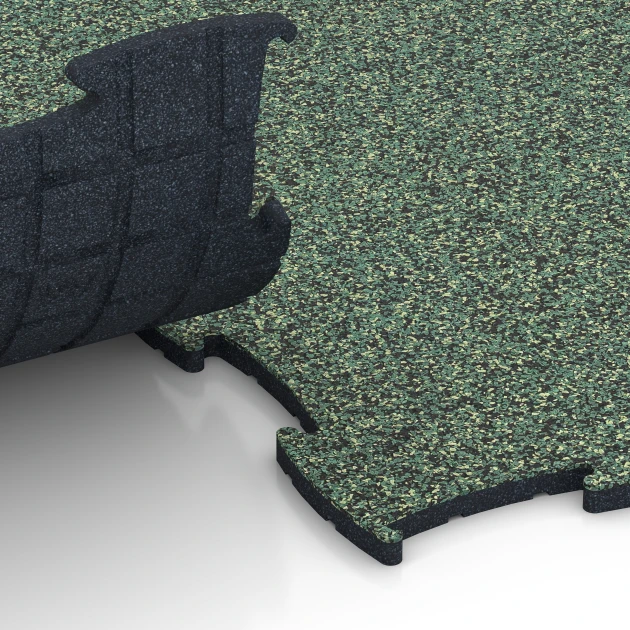 Großaufnahme vom Verbindungssystem von WARCO-Boden 6906 - Hundesportboden Indoor im Farbdesign Englischer Rasen. Abmessungen 97,1 x 97,1 × 1,8 cm.