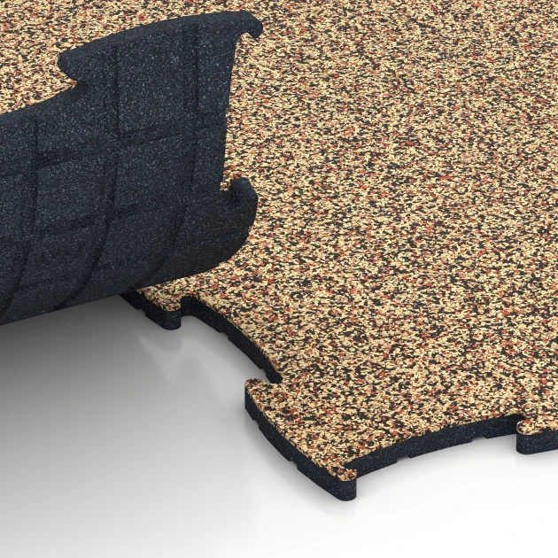 Großaufnahme vom Verbindungssystem von WARCO-Boden 6871 - Fitness Max Floor System im Farbdesign Terracotta. Abmessungen 97,1 x 97,1 × 1,8 cm.