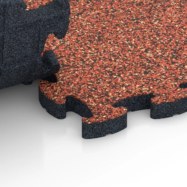 Großaufnahme vom Verbindungssystem von WARCO-Boden 6845 - Fitness Active Floor System im Farbdesign Feuersglut. Abmessungen 44,6 x 44,6 × 2,8 cm.