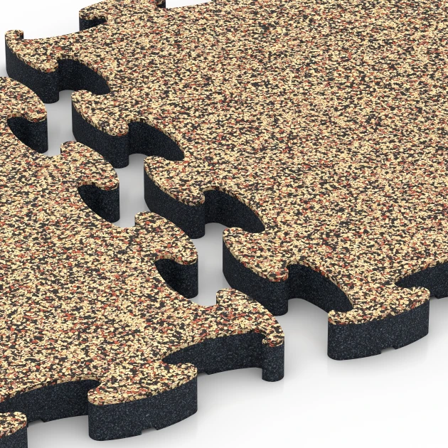 Großaufnahme vom Verbindungssystem von WARCO-Boden 6880 - Fitness Max Floor System im Farbdesign Terra Cotta. Abmessungen 44,6 x 44,6 × 2,8 cm.