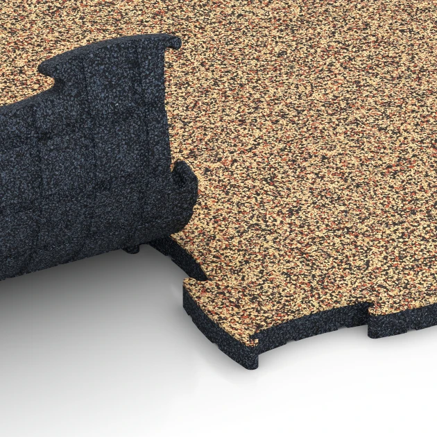 Großaufnahme vom Verbindungssystem von WARCO-Boden 6853 - Fitness Active pavimento im Farbdesign Terracotta. Abmessungen 97,1 x 97,1 x 2,8 cm.