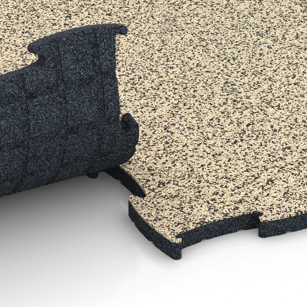 Le gros plan sur le système de connexion des revêtements de sol WARCO 6856 - Fitness Active dalle en couleur Travertin. Les dimensions 97,1 x 97,1 x 2,8 cm.