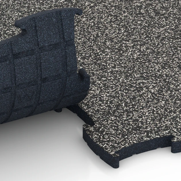 Großaufnahme vom Verbindungssystem von WARCO-Boden 6886 - Fitness Max Floor System im Farbdesign Granito grigio scuro. Abmessungen 97,1 x 97,1 x 2,8 cm.