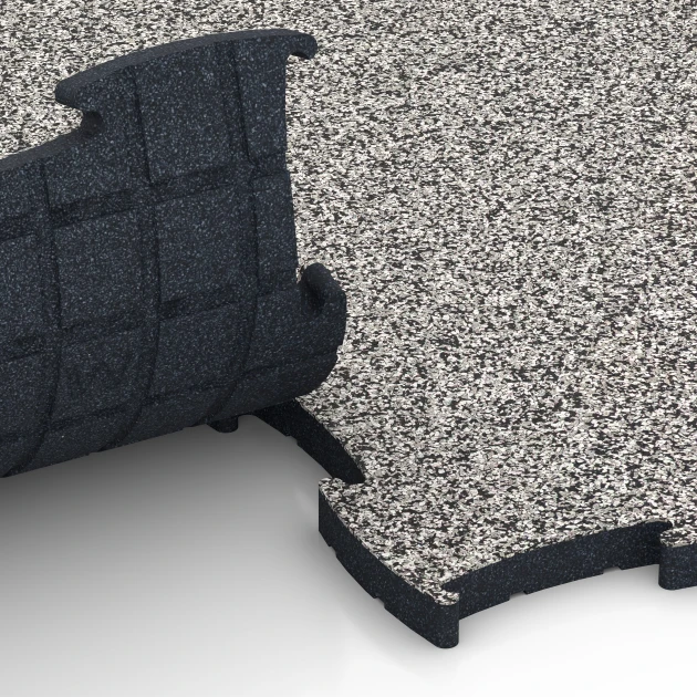 Großaufnahme vom Verbindungssystem von WARCO-Boden 6887 - Fitness Max Floor System im Farbdesign Grauer Granit. Abmessungen 97,1 x 97,1 x 2,8 cm.