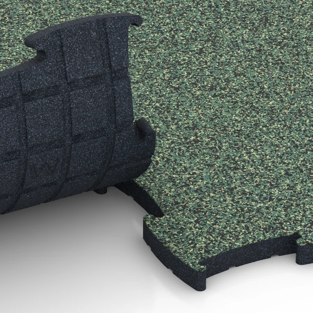Großaufnahme vom Verbindungssystem von WARCO-Boden 6888 - Fitness Max Floor System im Farbdesign Prato inglese. Abmessungen 97,1 x 97,1 x 2,8 cm.