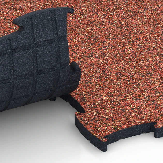 Großaufnahme vom Verbindungssystem von WARCO-Boden 6890 - Fitness Max Floor System im Farbdesign Etna. Abmessungen 97,1 x 97,1 x 2,8 cm.