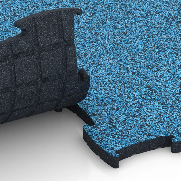 Großaufnahme vom Verbindungssystem von WARCO-Boden 6893 - Fitness Max Floor System im Farbdesign Atlantico. Abmessungen 97,1 x 97,1 x 2,8 cm.