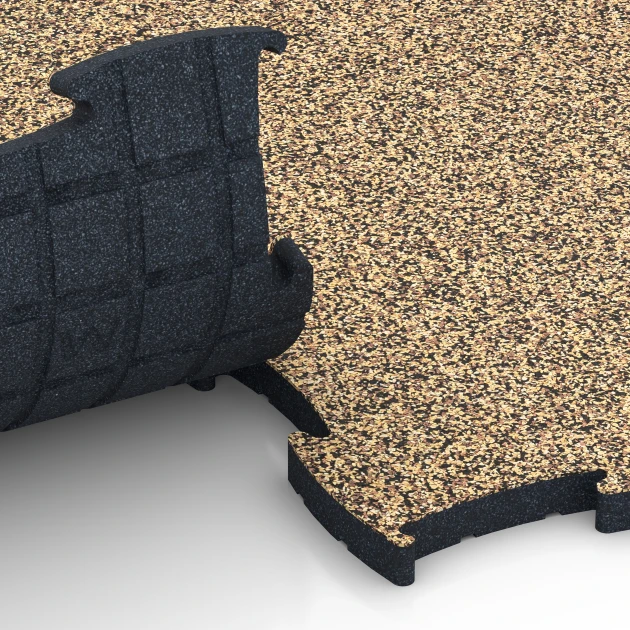 Großaufnahme vom Verbindungssystem von WARCO-Boden 6894 - Fitness Max Floor System im Farbdesign Rattan. Abmessungen 97,1 x 97,1 x 2,8 cm.