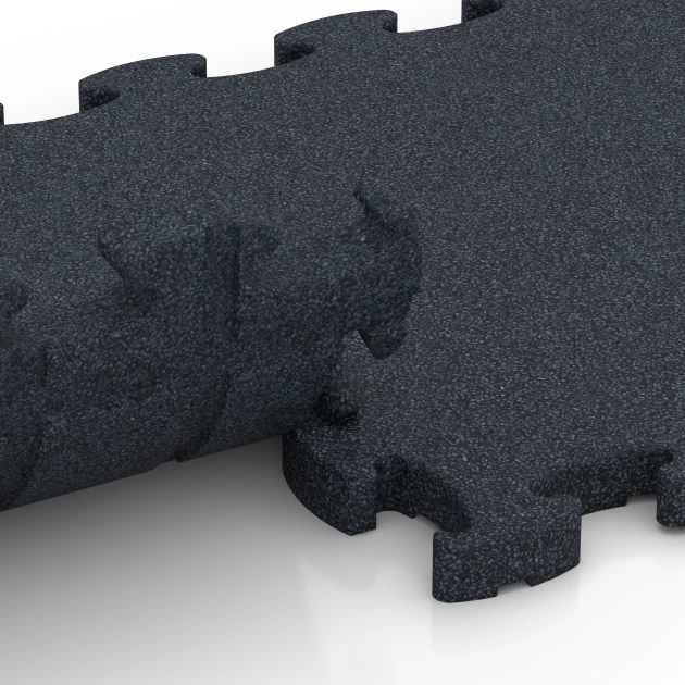 Le gros plan sur le système de connexion des revêtements de sol WARCO 6964 - Fitness Premium sol technique en couleur Anthracite. Les dimensions 28,9 x 28,9 x 1,8 cm.