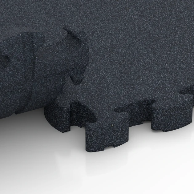 Großaufnahme vom Verbindungssystem von WARCO-Boden 6965 - Fitness Premium Boden Plus im Farbdesign Anthrazit. Abmessungen 28,9 x 28,9 x 2,8 cm.