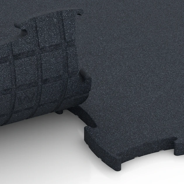 Großaufnahme vom Verbindungssystem von WARCO-Boden 6969 - Fitness Premium pavimento tecnico im Farbdesign Antracite. Abmessungen 99 x 99 x 2,8 cm.
