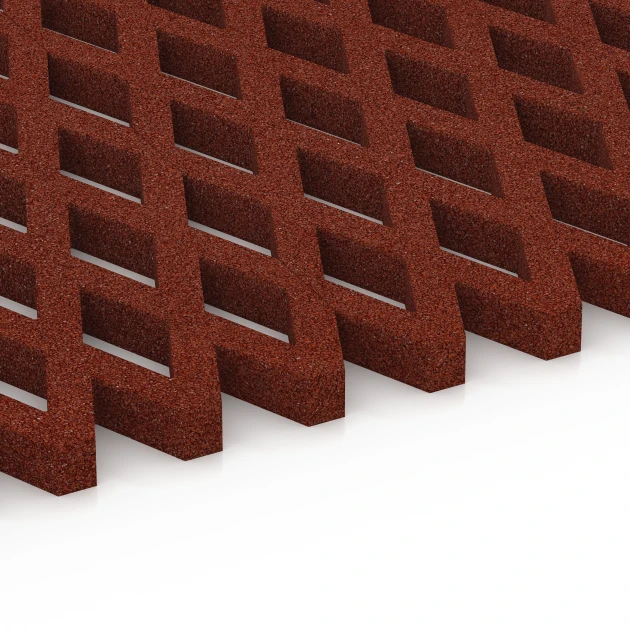 Großaufnahme vom Verbindungssystem von WARCO-Boden 7010 - Griglia antitrauma prato im Farbdesign Rosso mattone. Abmessungen 100 x 100 x 4 cm.