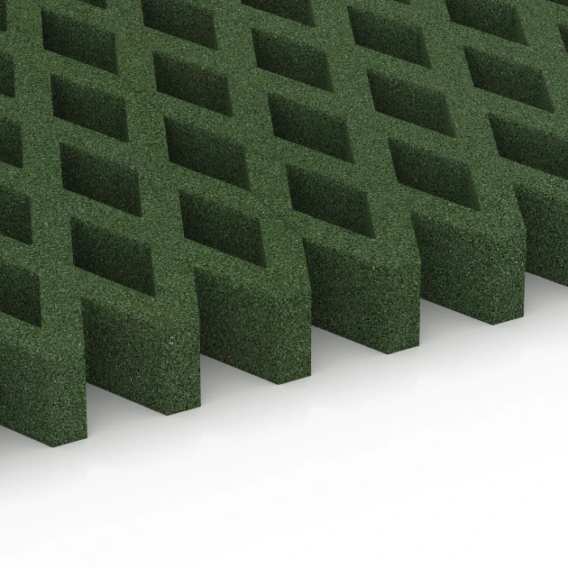 Le gros plan sur le système de connexion des revêtements de sol WARCO 7014 - Dalle gazon antichute en couleur Vert herbe. Les dimensions 100 × 100 × 8 cm.