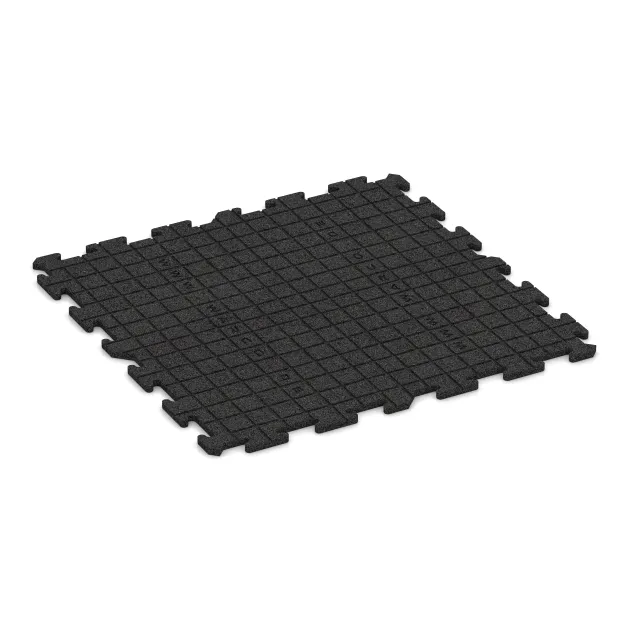 La vue du dessous ou de la face inférieure, c’est-à-dire la face inférieure de la pièce moulée WARCO 0340 - Tapis de fitness HD 18 mm au format 1000 x 1000 x 18 mm.