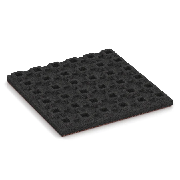 Aufsicht auf die Unterseite, also die Bodenseite von WARCO-Formteil 6284 - Fallschutzplatten im Format 50 x 50 x 4 cm.