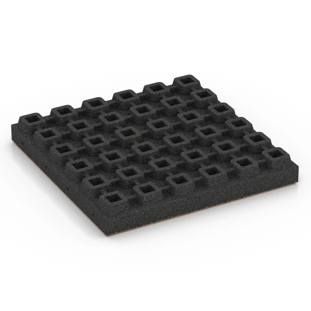 Aufsicht auf die Unterseite, also die Bodenseite von WARCO-Formteil 6443 - Fallschutzplatte – 210 cm im Format 50 x 50 x 7 cm.